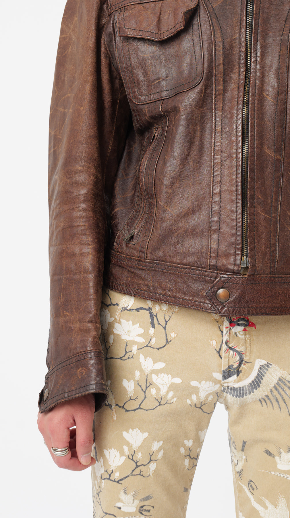 WASHED BROWN CROPPED LEATHER JACKET (M)