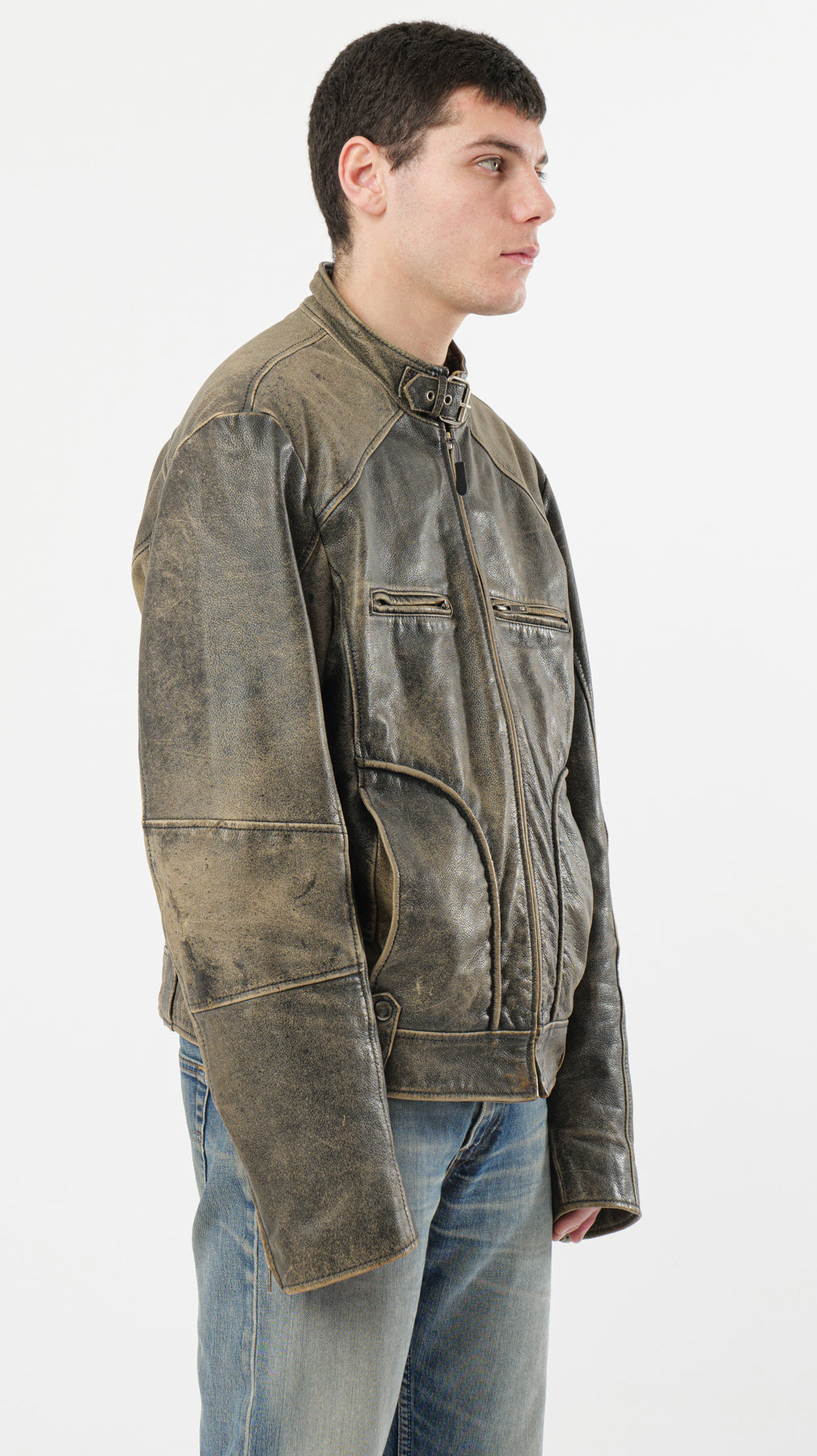 2000s DISTRESSED LEATHER JACKET (M)