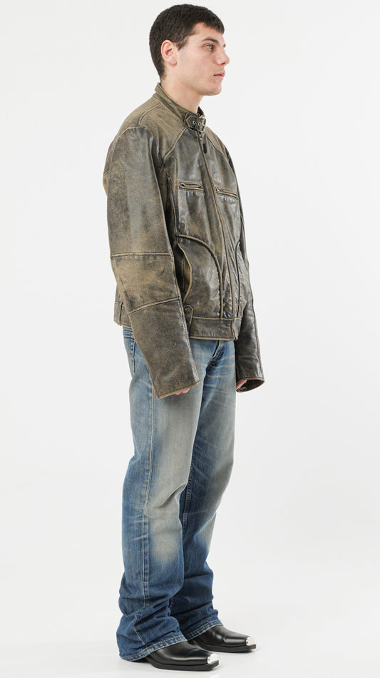 2000s DISTRESSED LEATHER JACKET (M)