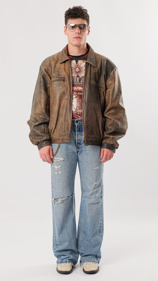1990s BROWN WASHED LEATHER JACKET (L)